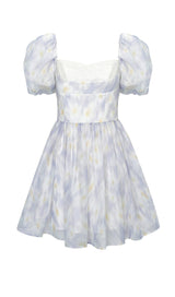 PUFF FLORAL-PRINT MINI DRESS IN GRAYISH-BLUE DRESS STYLE OF CB