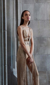 TASSEL BACKLESS JUMPSUIT IN KHAKI styleofcb