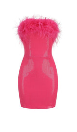 SEQUIN FEATHER STRAPLESS MINI DRESS IN PINK styleofcb
