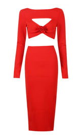 CUTOUT LONG SLEEVE MIDI DRESS IN RED styleofcb