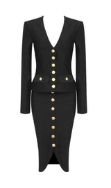 V-NECK METAL BUTTON DECORATIVE SLIM FIT SKIRT IN BLACK styleofcb