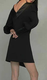 DIAMOND-BUTTON BOW LATERN SLEEVE IRREGULAR SUIT DRESS IN BLACK styleofcb