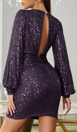 GLITTER PLEATS BIG V-NECK WRAP HIP DRESS IN PURPLE styleofcb