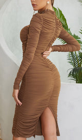 PLEATED TULLE COVERING BUTOCKS DRESS IN MOCHA-COLORED styleofcb