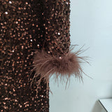 SEQUIN FEATHER LONG SLEEVES MIDI DRESS styleofcb