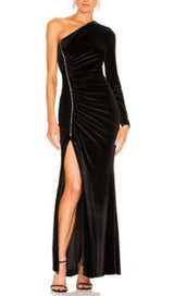 VELVET DIAMOND ONE SHOULDER SPLIT MAXI DRESS IN BLACK styleofcb