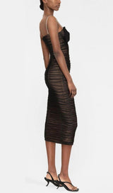 BOW MESH STRAPPY MIDI DRESS IN BLACK styleofcb