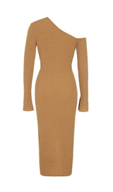 STRETCH JACQUARD ONE SHOULDER LONG SLEEVES MIDI DRESS IN KUMQUAT styleofcb