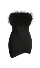 BLACK STRAPLESS FEATHER BODYCON MINI DRESS styleofcb
