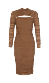 PLEATED TULLE COVERING BUTOCKS DRESS IN MOCHA-COLORED styleofcb