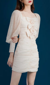 BOW STREAMER MESH PLEATED DRESS IN BEIGE styleofcb