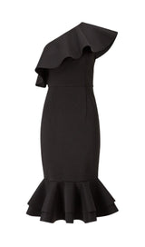 CROSS-SHOULDER RUFFLED FISHTAIL DRESS IN BLACK styleofcb