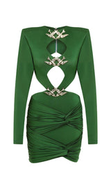 SATIN HEAVYWEIGHT CUT-OUT VINTAGE MINI DRESS IN DARK GREEN styleofcb