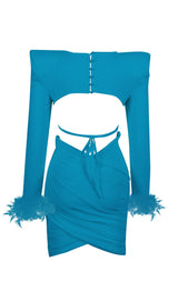 SHOULEDR PAD WAIST BARING FEATHER BLOUSE PLEATED DRESS IN BLUE styleofcb