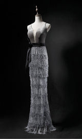 VELVET TASSEL SEXY TIE-DOWN MAXI DRESS IN GREY styleofcb