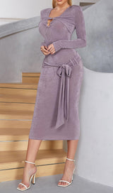 KNIT CUTOUT LONG SLEEVES MIDI DRESS IN PURPLE styleofcb