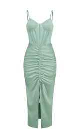 GREEN SATIN SWEETHEART NECK CORSET FRONT SPLIT MAXI DRESS DRESS styleofcb