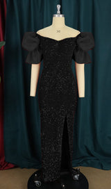 SEQUIN PUFF SLEEVE ONE NECK WAIST MAXI DRESS IN BLACK styleofcb