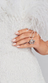 SEQUIN FEATHER STRAPLESS MINI DRESS IN WHITE styleofcb