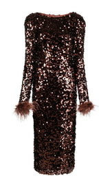 SEQUIN FEATHER LONG SLEEVES MIDI DRESS styleofcb S BROWN