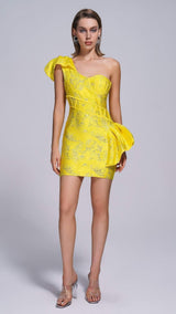 JACQUARD ONE SHOULDER MINI DRESS IN YELLOW Dresses styleofcb