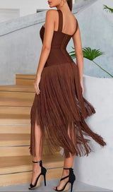 BROWN SLEEVELESS CHEST HOLLOW FRINGE HEM SKINNY MAXI DRESS styleofcb