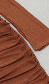 GLIT PLEATED OBLIQUE SHOULDER DRESS IN BROWN styleofcb
