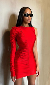 ONE SHOULDER RUCHED MINI DRESS IN RED styleofcb
