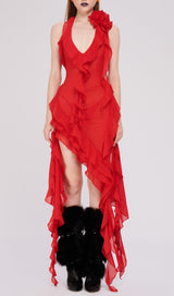 PLUNGING NECKLINE RUFFLE DRESS IN RED styleofcb