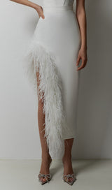 STRAPLESS FEATHER MIDI DRESS IN WHITE styleofcb