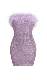 SEQUIN FEATHER STRAPLESS MINI DRESS IN PURPLE styleofcb
