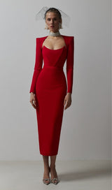 SQUARE SHOULDER CORSET MIDI DRESS IN RED styleofcb