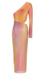 MESH RHINESTONE ONE SHOULDER MIDI DRESS IN COTTON CANDY DRESS STYLE OF CB
