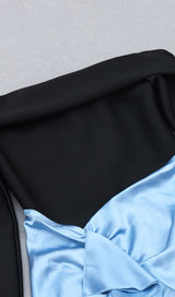 ONE-LINE SHOULDER LOTUS LEAF FISH TAIL DRESS IN BLACK AND BLUE SPLICED styleofcb