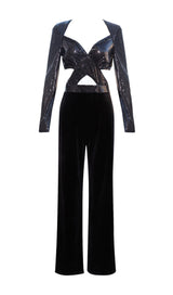 VELVET SEQUIN CUT-OUT FLOOR-LENGTH JUMPSUIT IN BLACK styleofcb