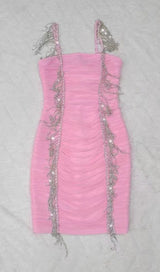 FRINGED MESH SKINNY MINI DRESS IN PINK styleofcb