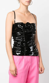 RUCHED HIGH-SHINE MINI DRESS IN BLACK styleofcb