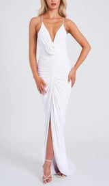 FLOWER-EMBELLISHED PLUNGE MAXI DRESS IN WHITE DRESS STYLE OF CB
