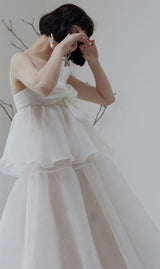 SUSPENDER BOW STRAPLESS SEERSUCKER DRESS IN WHITE styleofcb