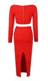 CUTOUT LONG SLEEVE MIDI DRESS IN RED styleofcb