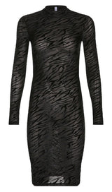 ZEBRA-PATTERN LONG-SLEEVED MIDI DRESS IN BLACK styleofcb