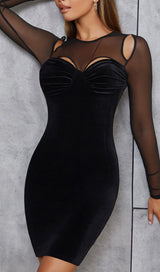 BLACK CREWNECK MESH STITCHED VELVET DRESS styleofcb