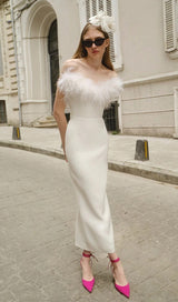 FEATHER BODYCON MAXI DRESS IN WHITE Dresses styleofcb
