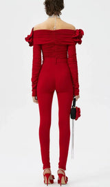 FLOWER ONE -LINE SHOULDER PLEATED BACKLESS TOP IN RED styleofcb