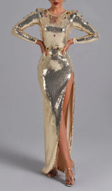 LONG SLEEVES SEQUIN MAXI DRESS IN GOLD styleofcb