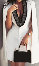 V-NECK DIAMOND DECORATIVE NECKLINE CLOAK DRESS IN WHITE styleofcb