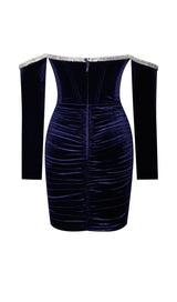 ODETTE NAVY VELVET OFF SHOULDER CORSET DRESS WITH CRYSTAL TRIM Dresses styleofcb
