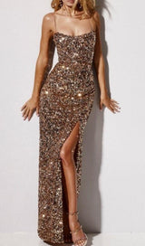 SEQUINS CONDOLE BELT MIDI DRESS styleofcb