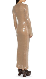 SEQUINED WITH LONG SLEEVES AND BACKLESS DRESS IN KHAKI styleofcb