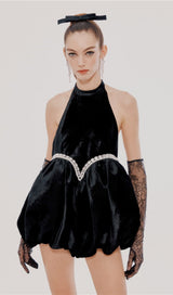 VELVET HALTERNECK MINI DRESS IN BLACK DRESSES styleofcb